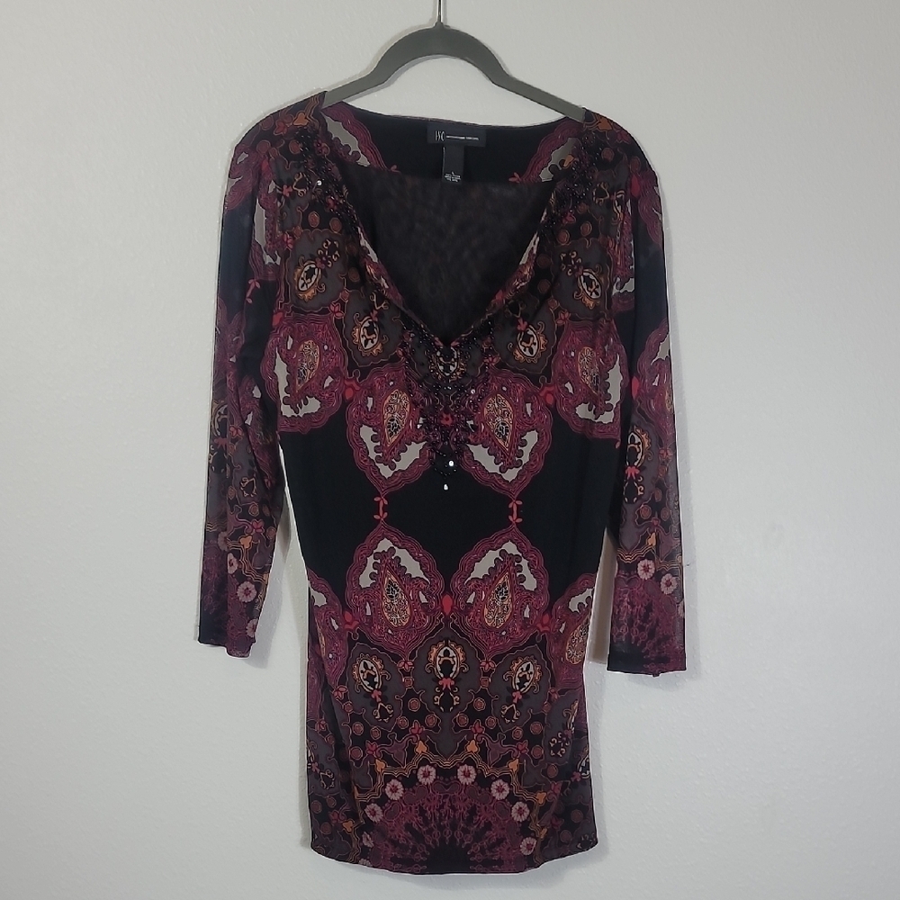 INC Womens Beaded Tunic Top Size L Paisley Y2K Sheer Long Sleeve Whimsigoth